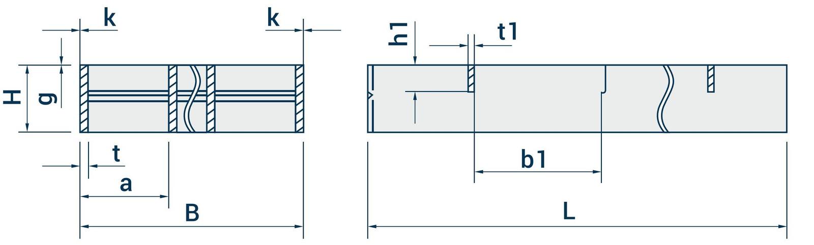 Два сечения прессованного настила с обозначениями размеров B, L, H, t, a, h1, t1, b1, k, g